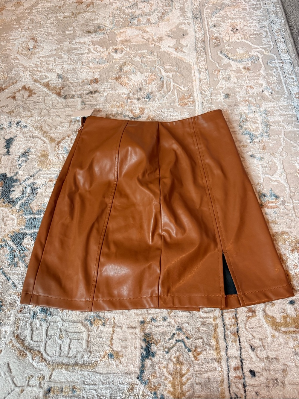 Faux Leather A-Line Mini Skirt in Cognac Brown